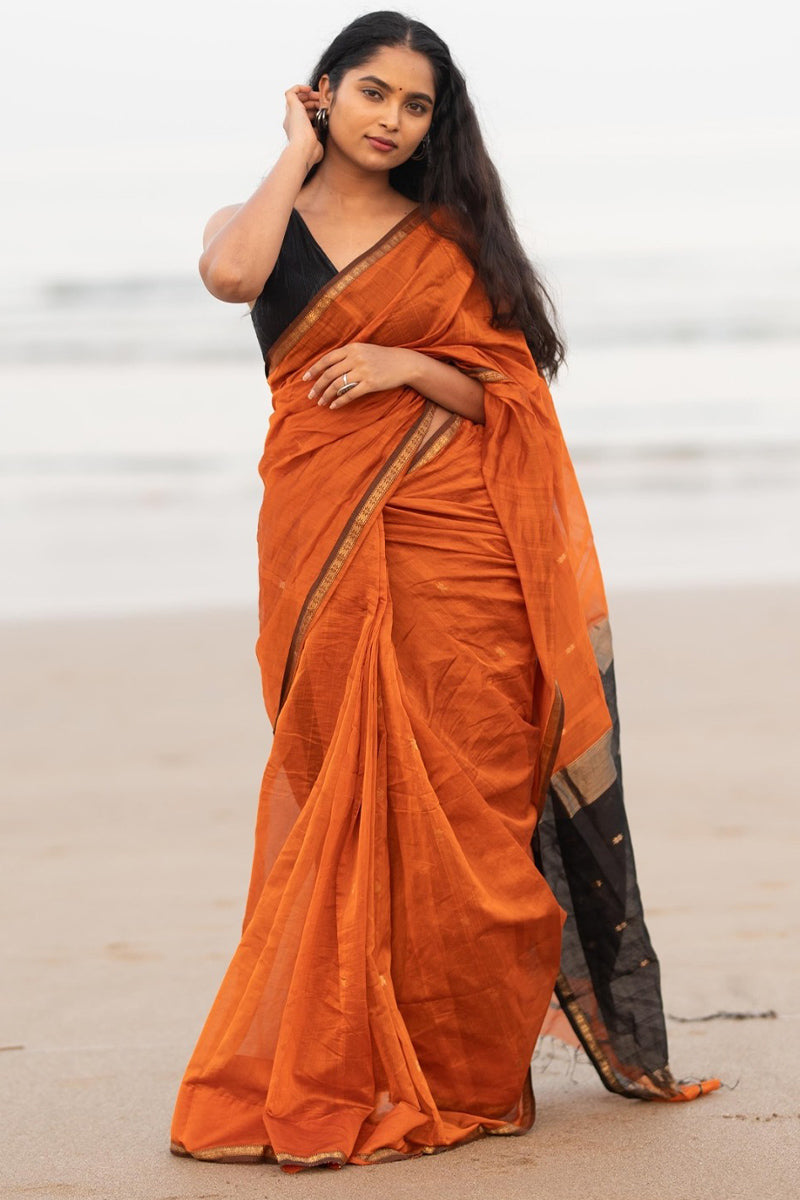 Unique Orange Cotton Silk Saree With Energetic Blouse Piece