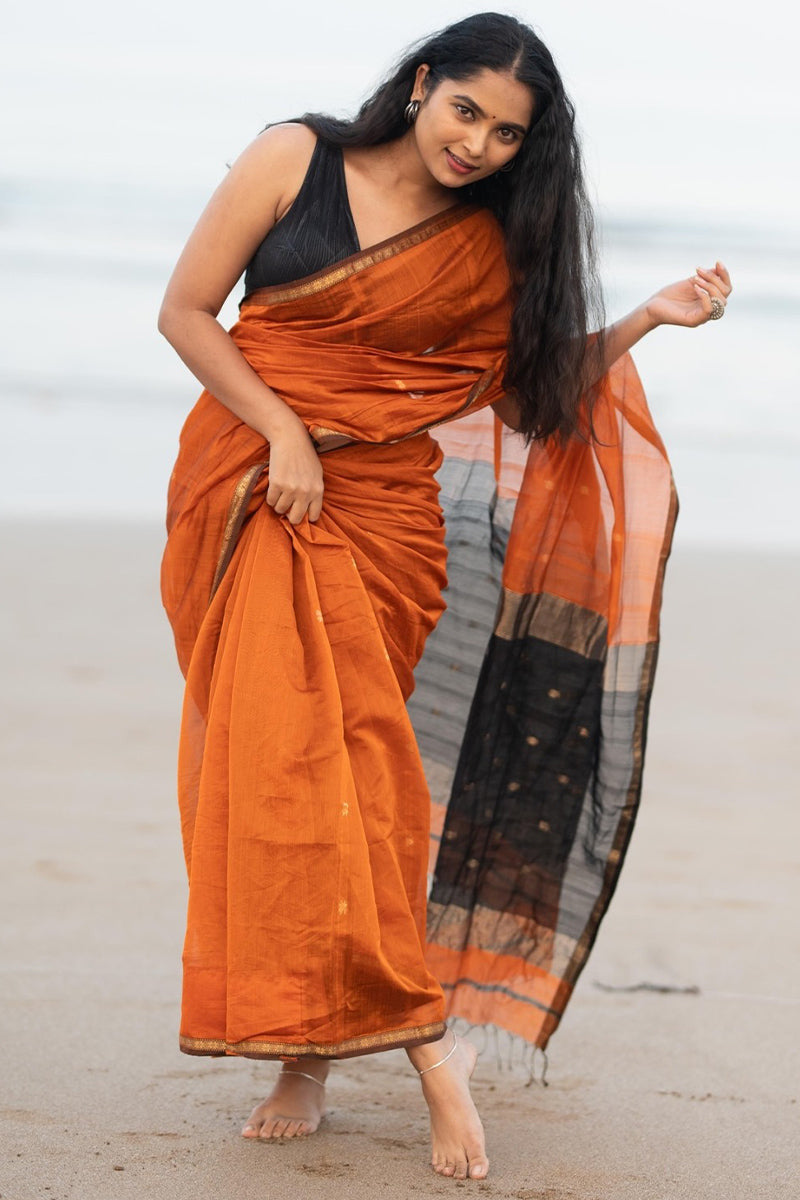 Unique Orange Cotton Silk Saree With Energetic Blouse Piece