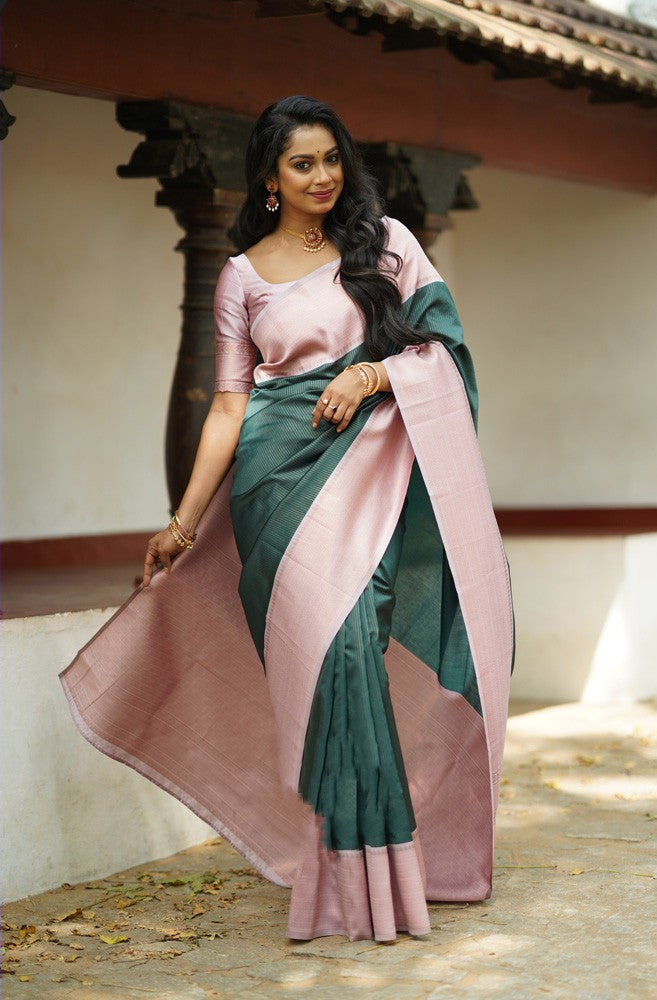 Trendy Dark Green Soft Silk Saree With Gorgeous Blouse Piece