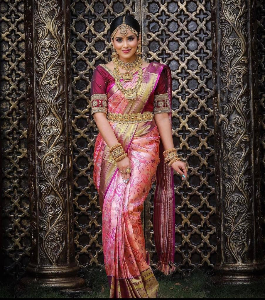 Quintessential Pink Soft Banarasi Silk Saree With Nemesis Blouse Piece