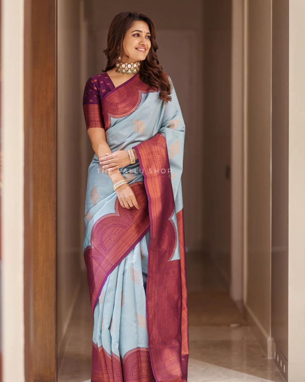 Splendiferous Sky Soft Silk Saree With Incredible Blouse Piece