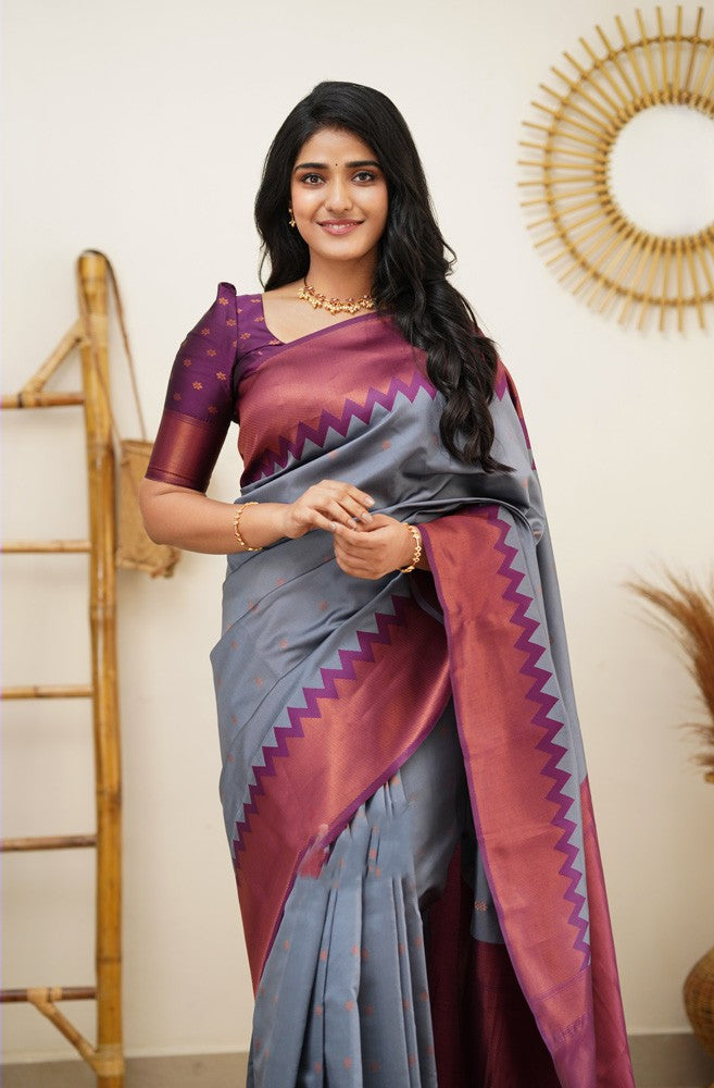 Sensational Grey Soft Banarasi Silk Saree With Gleaming Blouse Piece