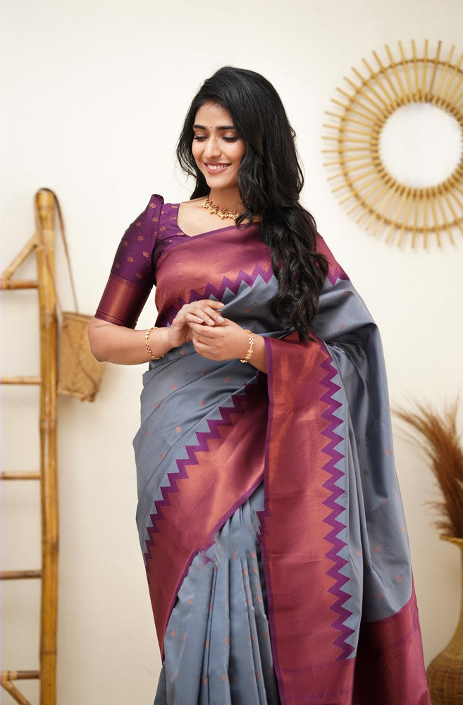 Sensational Grey Soft Banarasi Silk Saree With Gleaming Blouse Piece