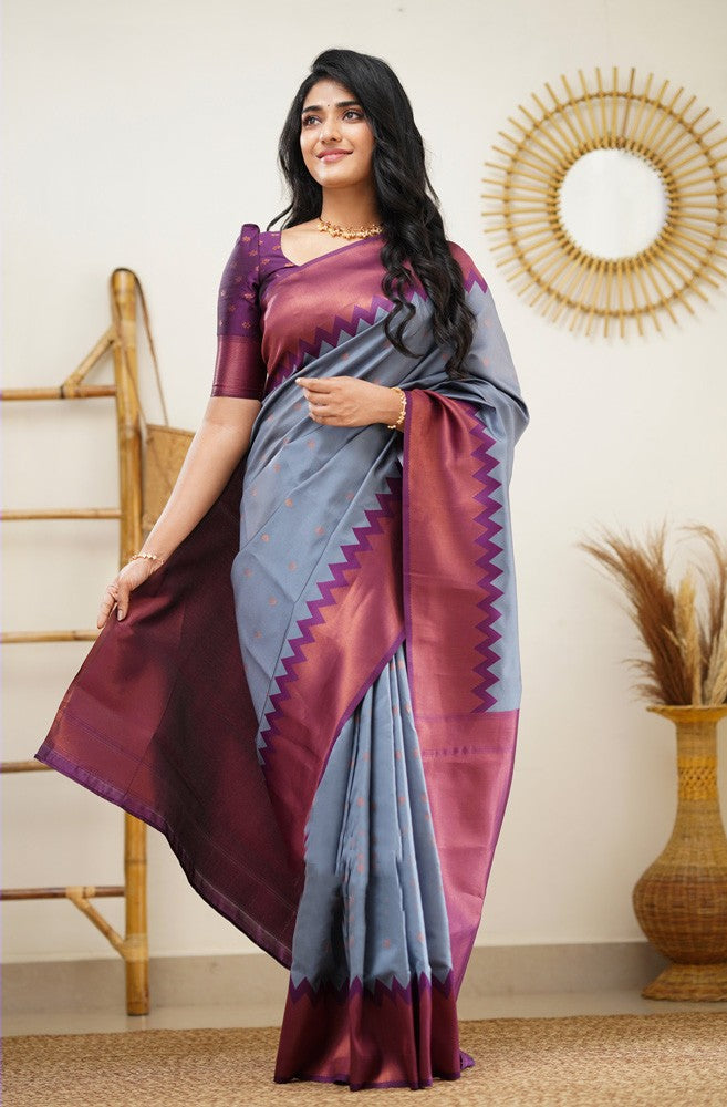 Sensational Grey Soft Banarasi Silk Saree With Gleaming Blouse Piece