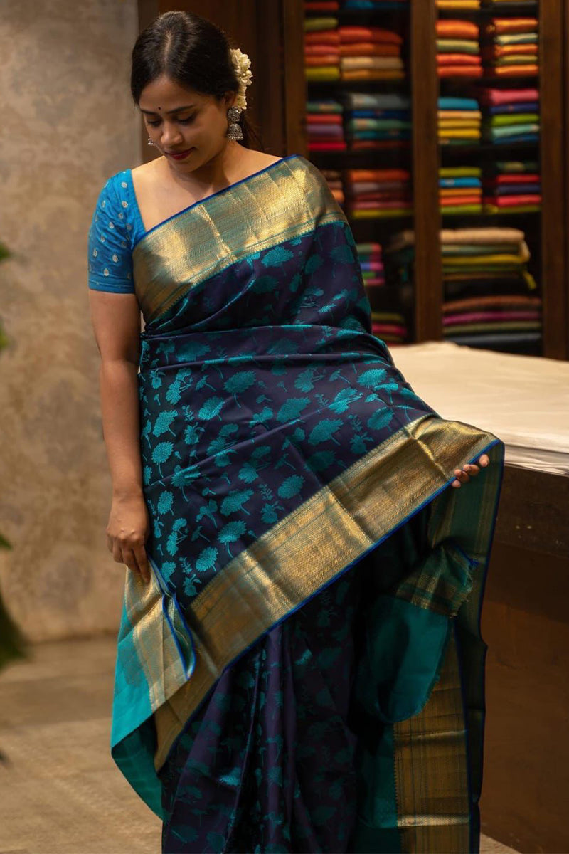 Sizzling Blue Soft Silk Saree With Designer Blouse Piece