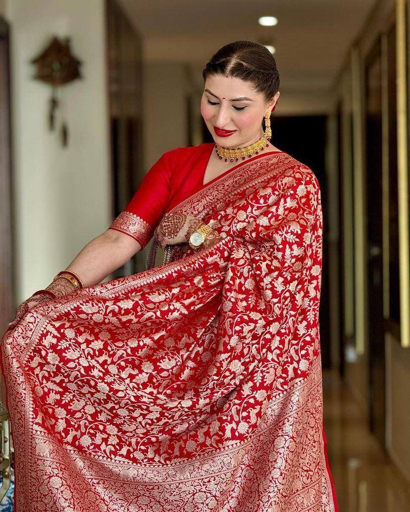 Sophisticated Red Soft Silk Saree With Amazing Blouse Piece