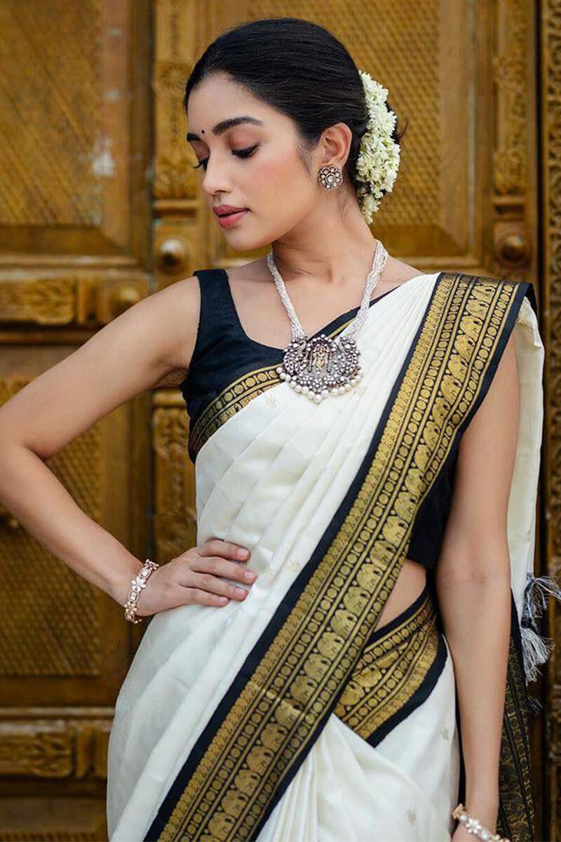 Surpassing Off White Soft Silk Saree With Flameboyant Blouse Piece