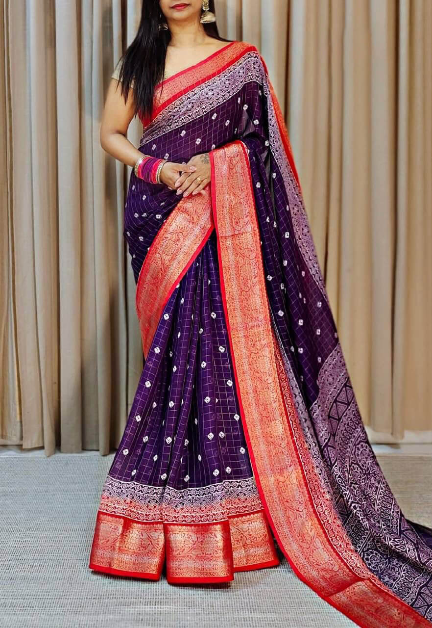 Devastating Purple Digital Printed Dola Silk Saree With Palimpsest Blouse Piece