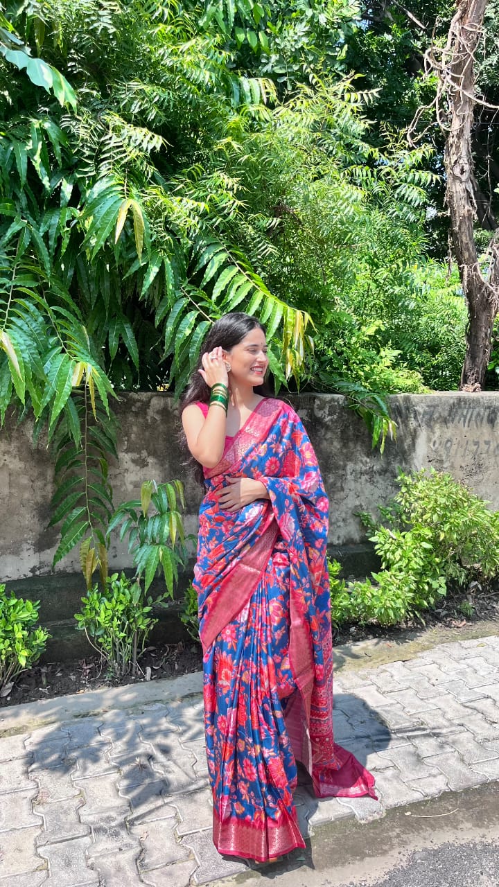 Dark Pink and Blue Silk Saree