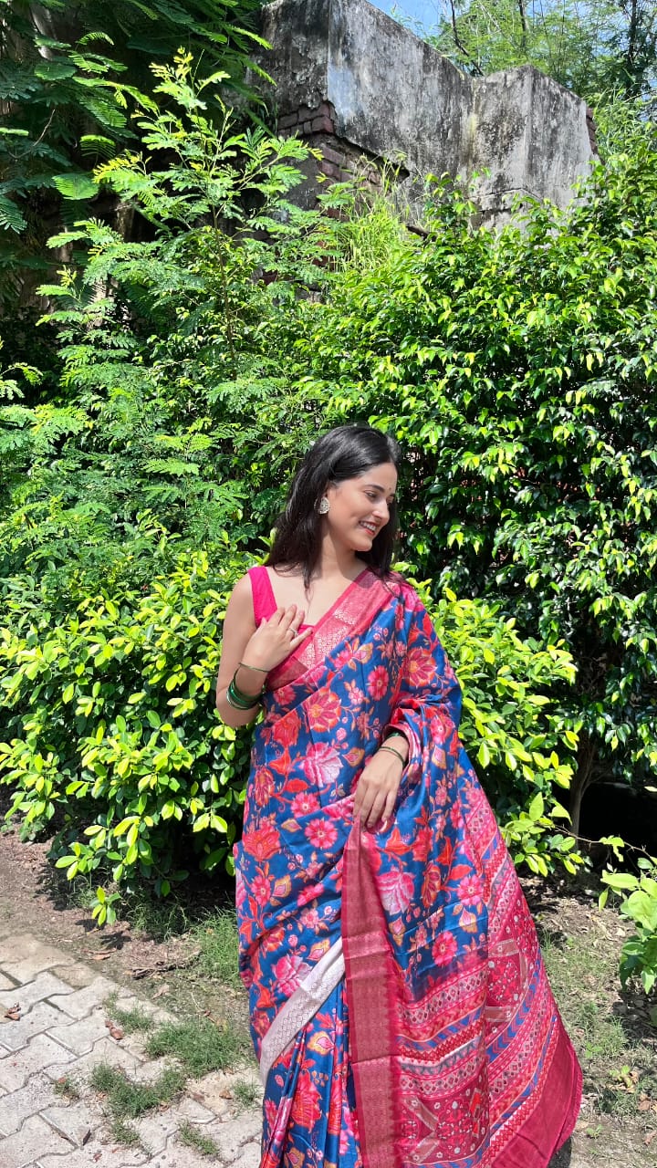 Dark Pink and Blue Silk Saree