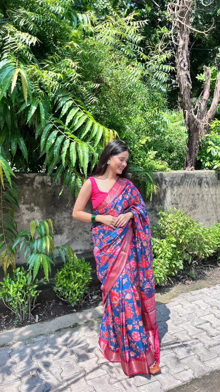 Dark Pink and Blue Silk Saree