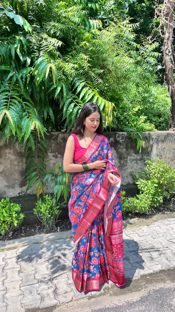 Dark Pink and Blue Silk Saree