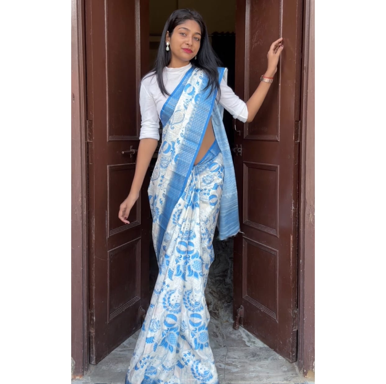 Blue Printed Silk Saree