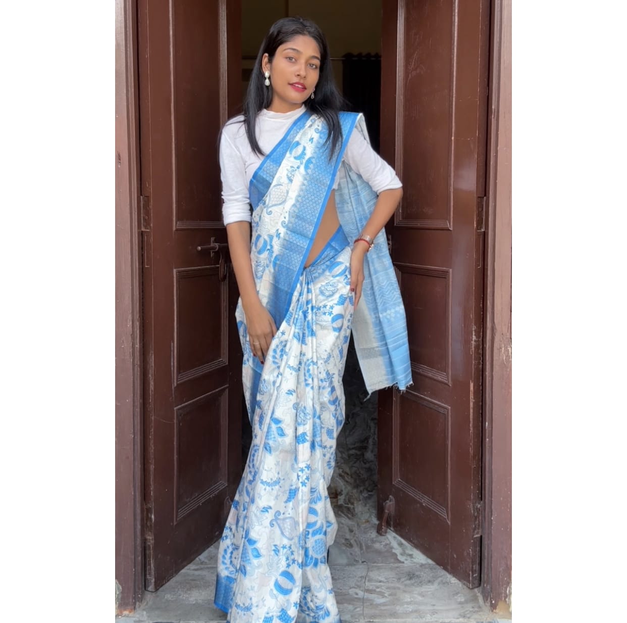 Blue Printed Silk Saree