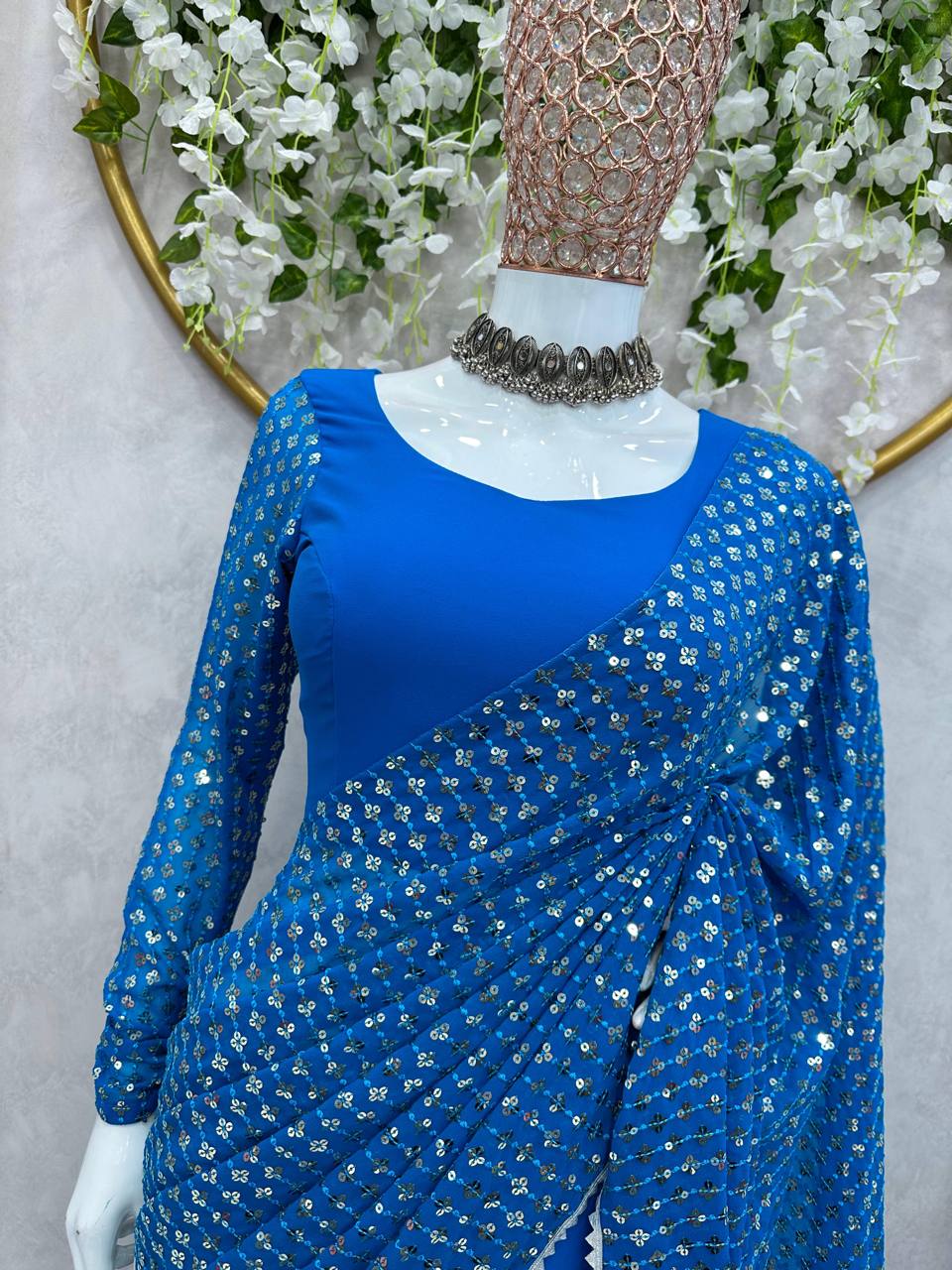 Blue Georgette Ready to wear Lehenga saree