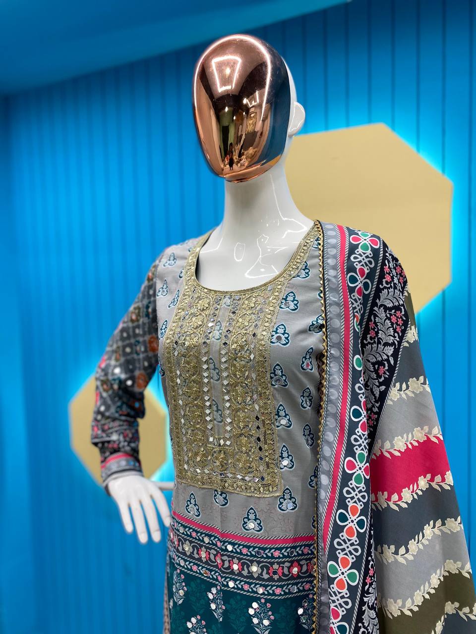 MASLIN PRINTED,EMBROIDERED AND REAL MIRROR WORK TOP AND PANT WITH DUPATTA