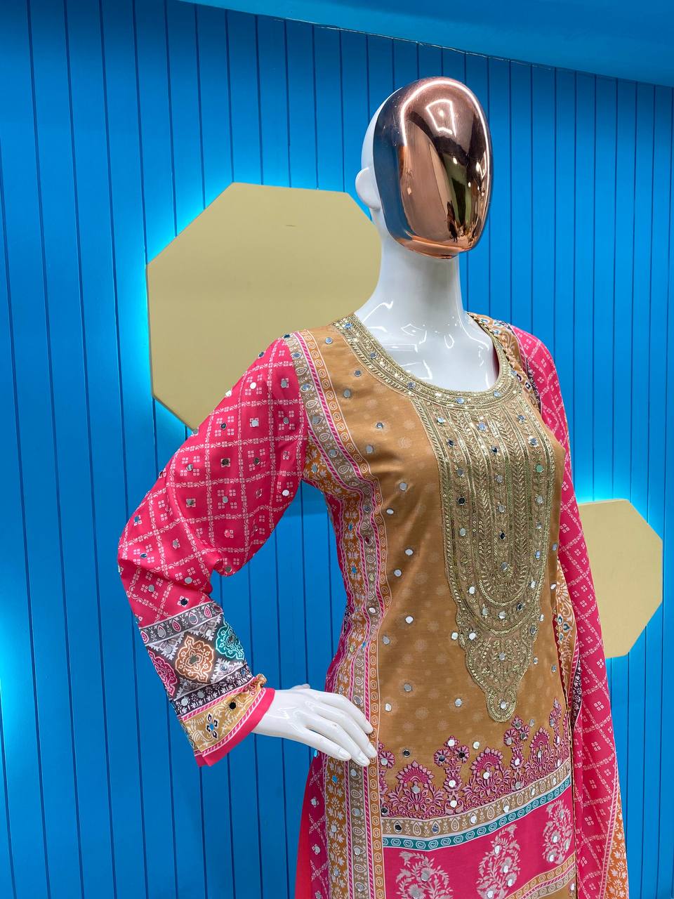 MASLIN PRINTED,EMBROIDERED AND REAL MIRROR WORK TOP AND PANT WITH DUPATTA