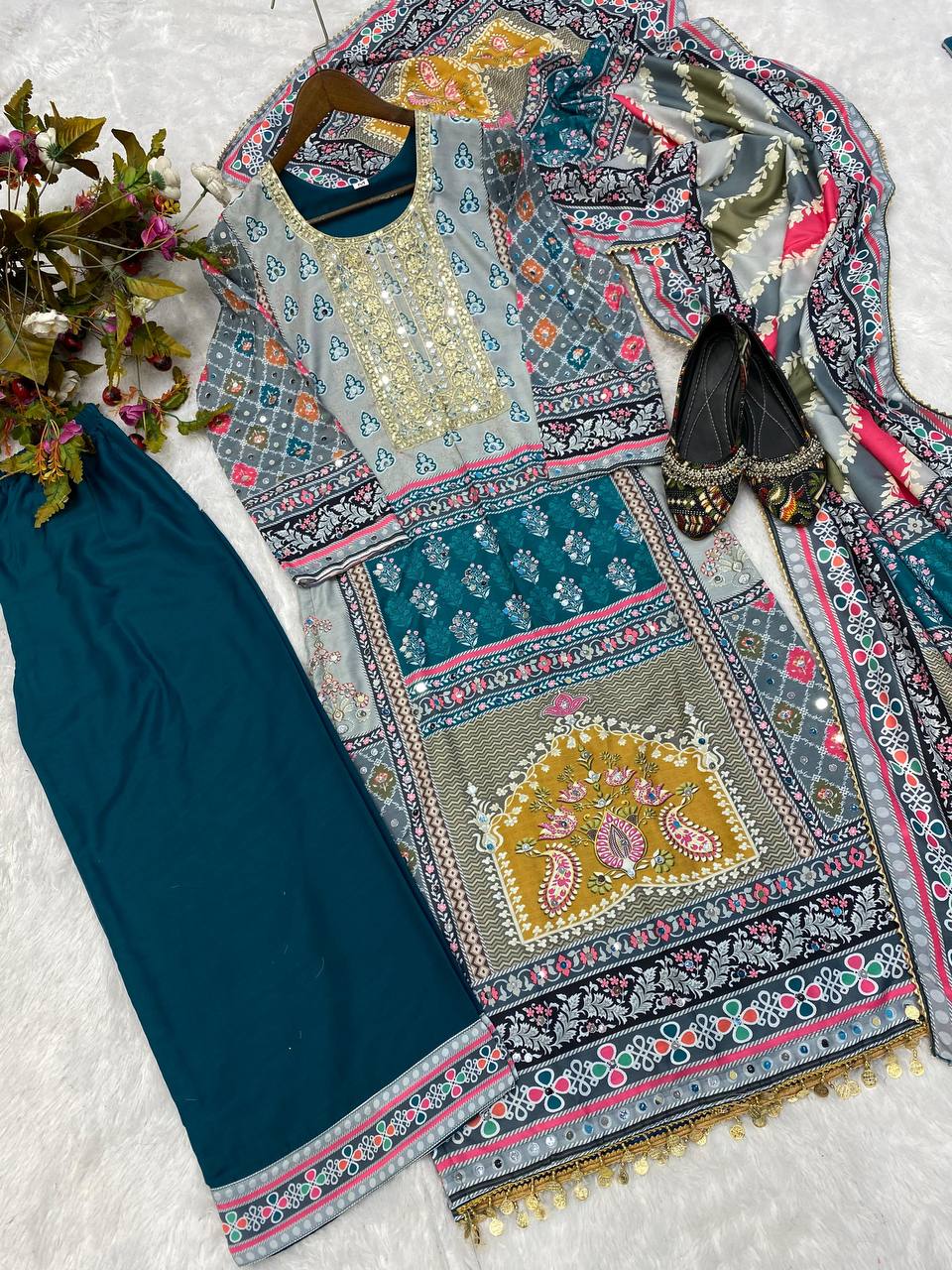 MASLIN PRINTED,EMBROIDERED AND REAL MIRROR WORK TOP AND PANT WITH DUPATTA