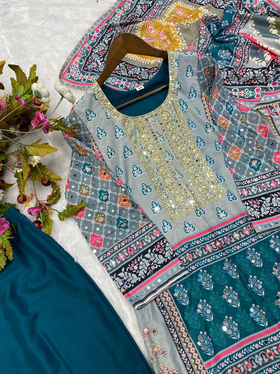 MASLIN PRINTED,EMBROIDERED AND REAL MIRROR WORK TOP AND PANT WITH DUPATTA