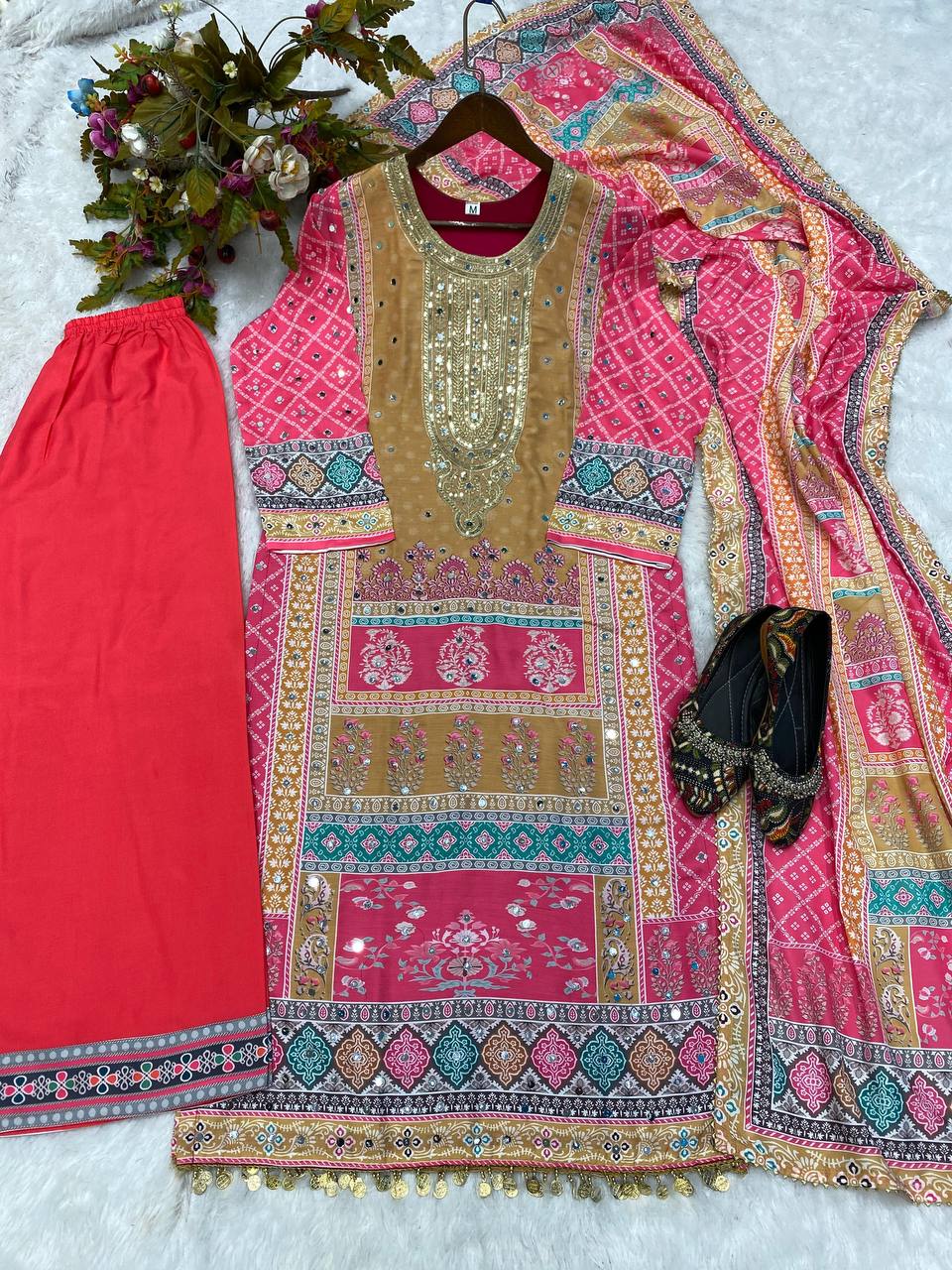 MASLIN PRINTED,EMBROIDERED AND REAL MIRROR WORK TOP AND PANT WITH DUPATTA