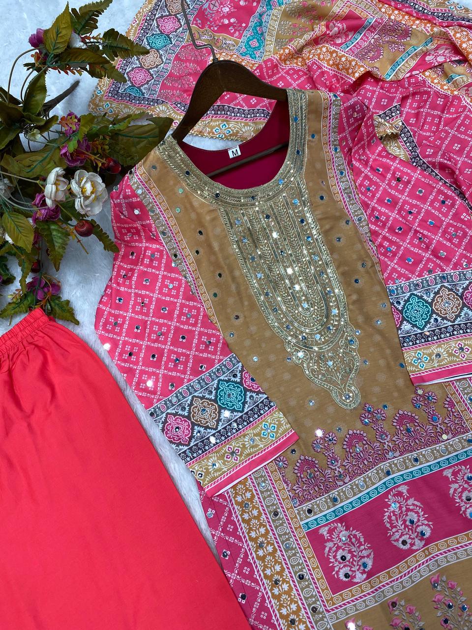 MASLIN PRINTED,EMBROIDERED AND REAL MIRROR WORK TOP AND PANT WITH DUPATTA