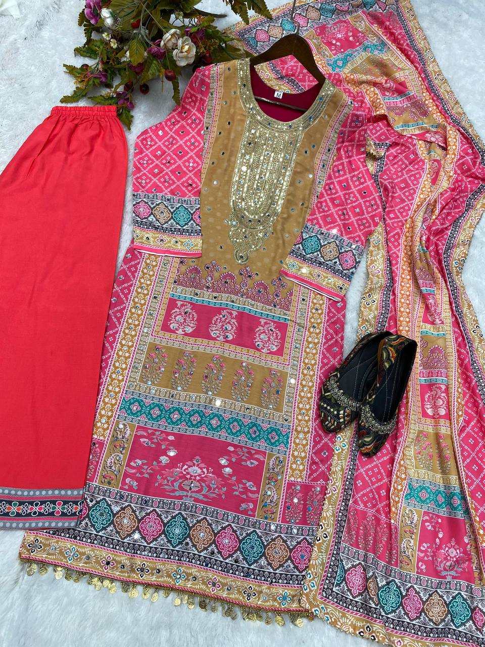 MASLIN PRINTED,EMBROIDERED AND REAL MIRROR WORK TOP AND PANT WITH DUPATTA