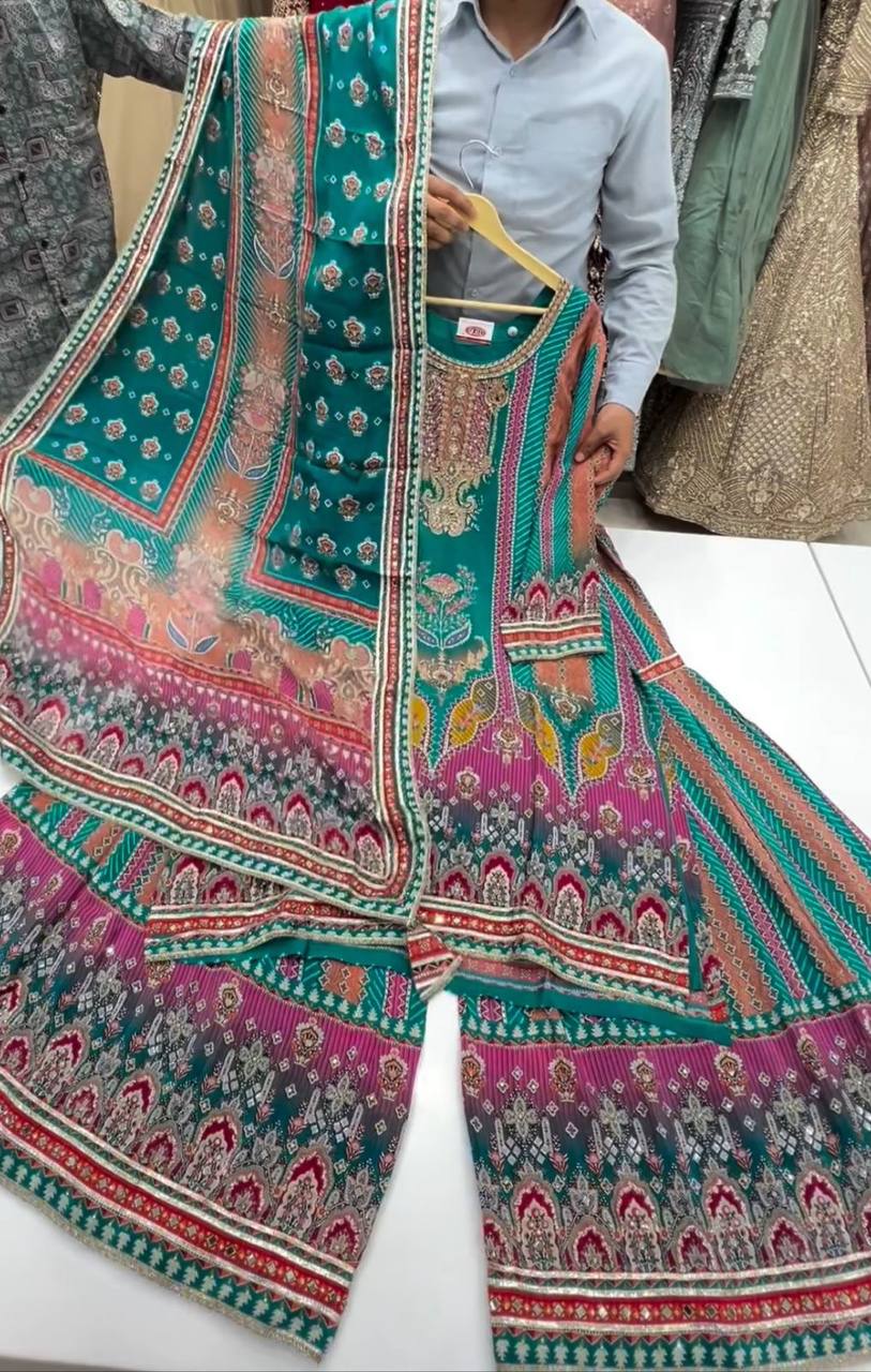 Summer Maslin Printed Suit with Real Mirror Work and Sarara