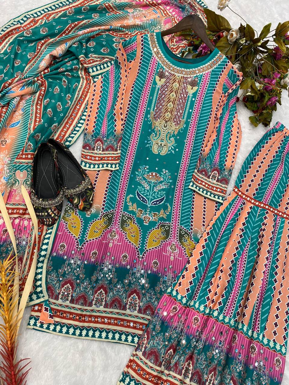 Summer Maslin Printed Suit with Real Mirror Work and Sarara