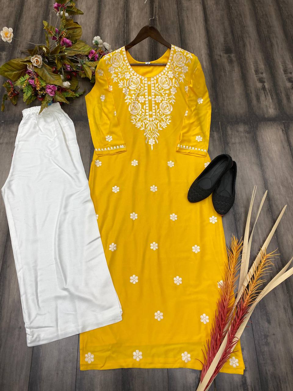 SUMMER SPECIAL TRENDING RAYON TOP COTTON THREAD EMBROIDERED WORK WITH PLAZO