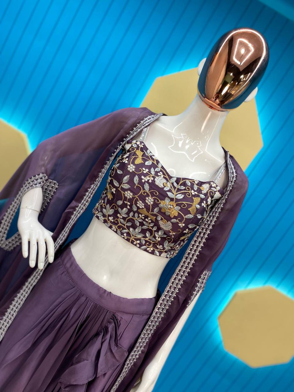 Chic Rangoli Silk Ensemble: Ruffle Shrug, Tube Choli & Draped Skirt