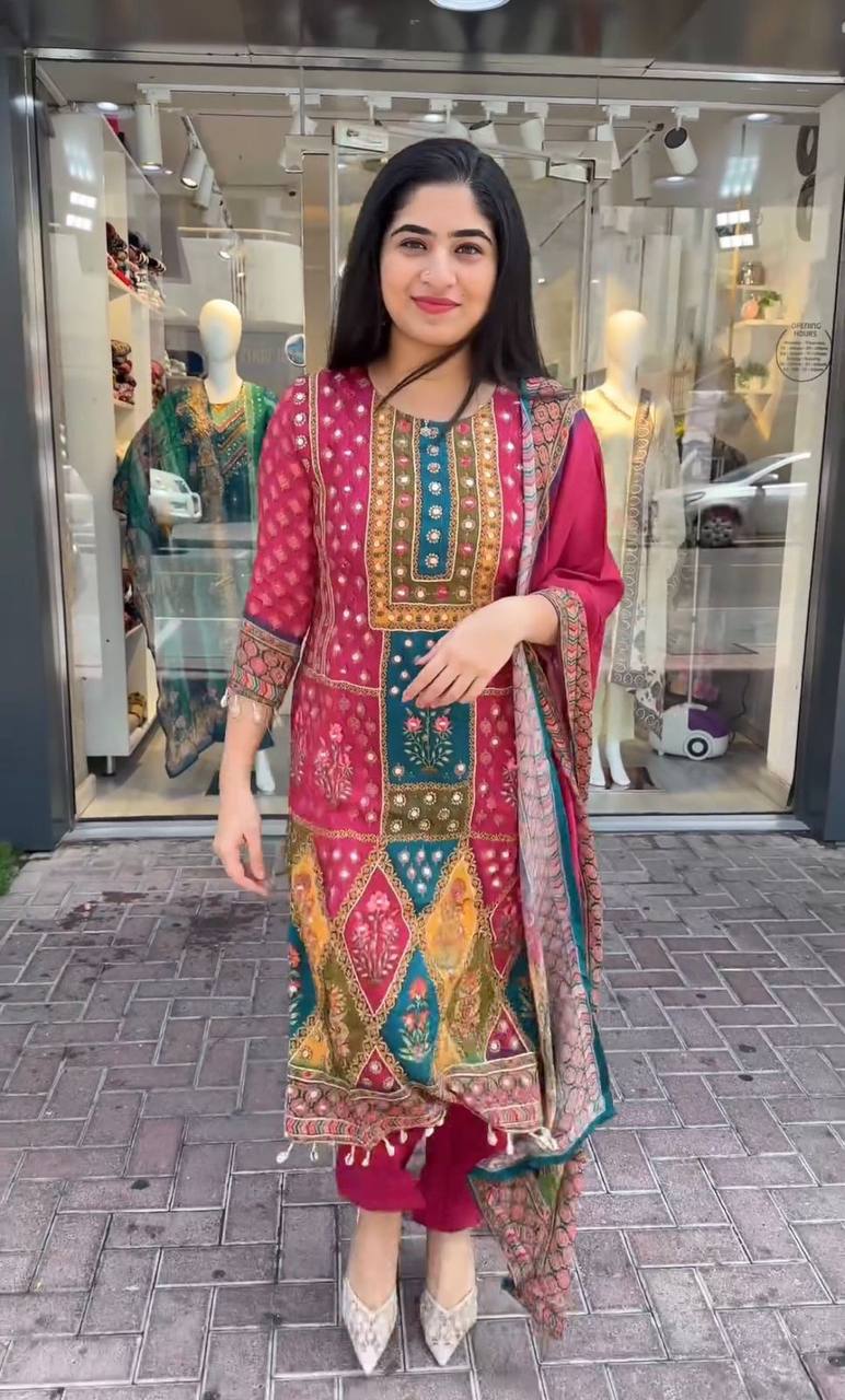 Stylish Maslin Suit with Printed and Real Mirror Work