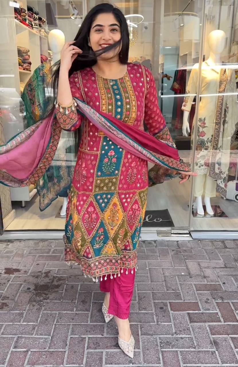 Stylish Maslin Suit with Printed and Real Mirror Work