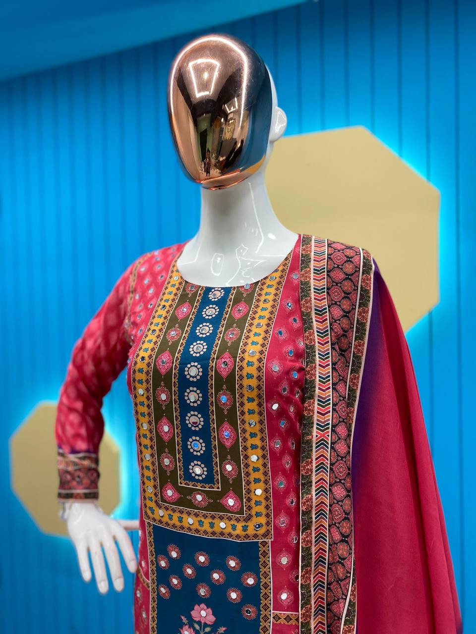 Stylish Maslin Suit with Printed and Real Mirror Work