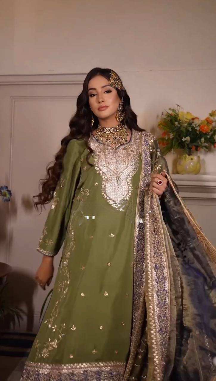 FOIL AND EMBROIDERED WORK TOP AND PLAZO WITH DUPATTA