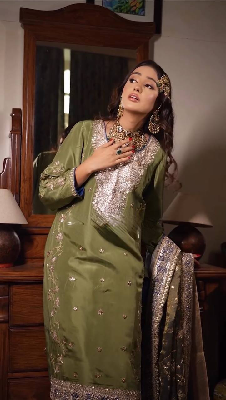 FOIL AND EMBROIDERED WORK TOP AND PLAZO WITH DUPATTA