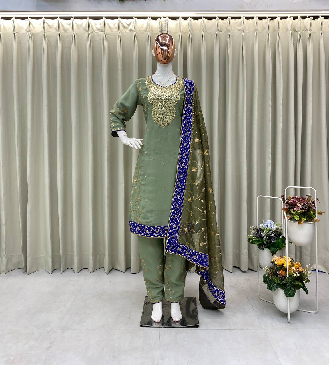 FOIL AND EMBROIDERED WORK TOP AND PLAZO WITH DUPATTA