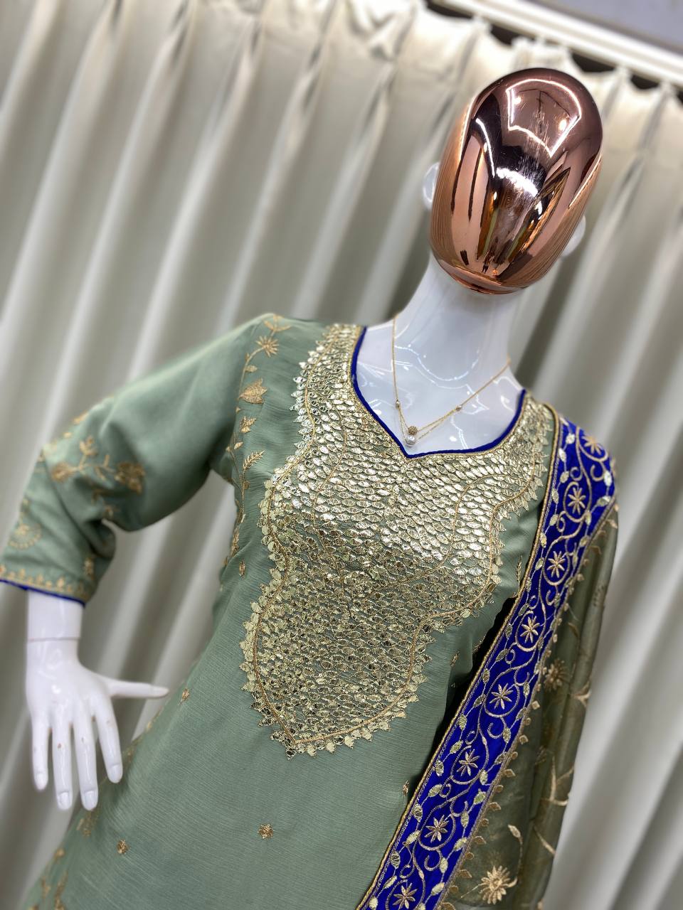 FOIL AND EMBROIDERED WORK TOP AND PLAZO WITH DUPATTA