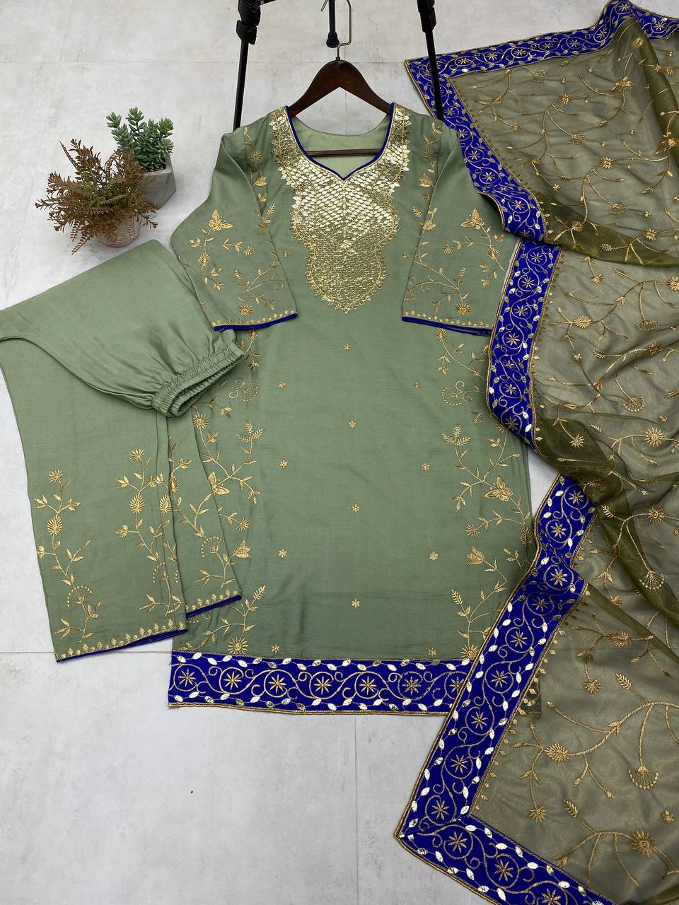 FOIL AND EMBROIDERED WORK TOP AND PLAZO WITH DUPATTA