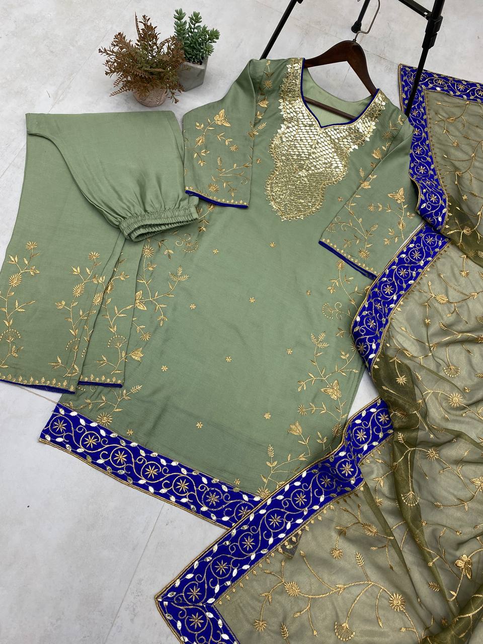 FOIL AND EMBROIDERED WORK TOP AND PLAZO WITH DUPATTA