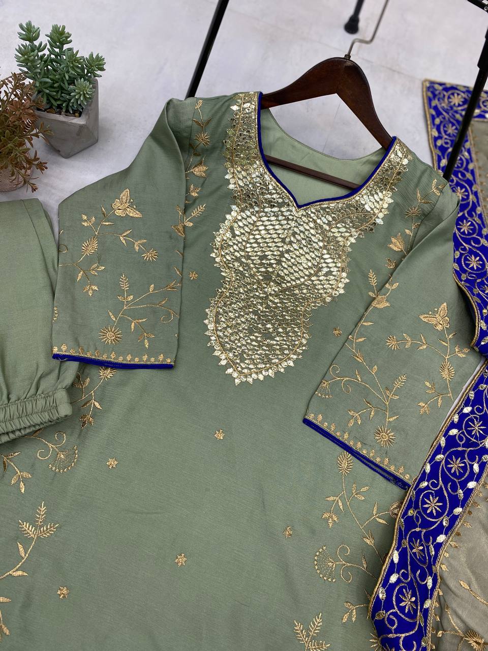 FOIL AND EMBROIDERED WORK TOP AND PLAZO WITH DUPATTA