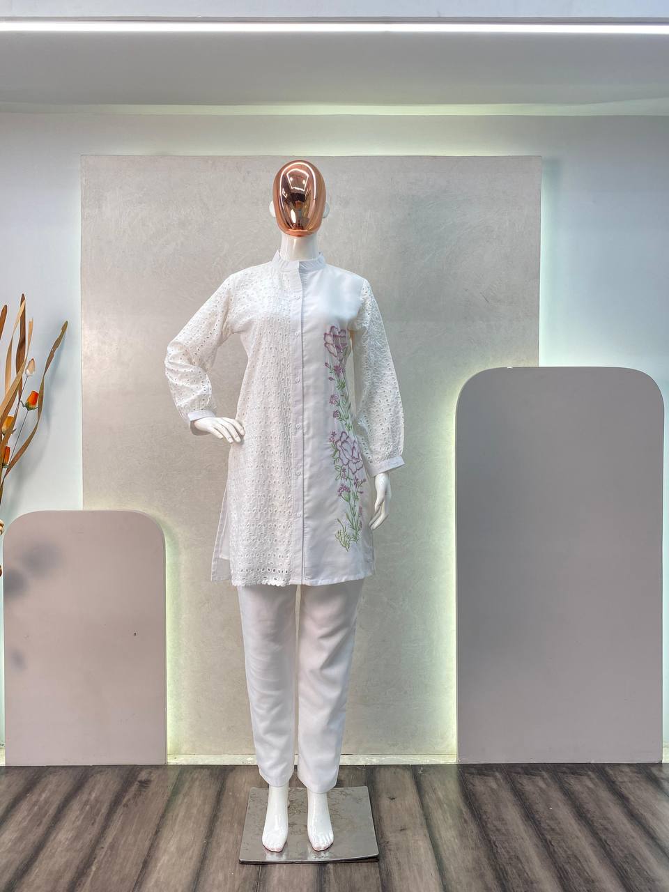 Elegant Designer Pure Cotton Embroidered Shirt with Stitched Pant