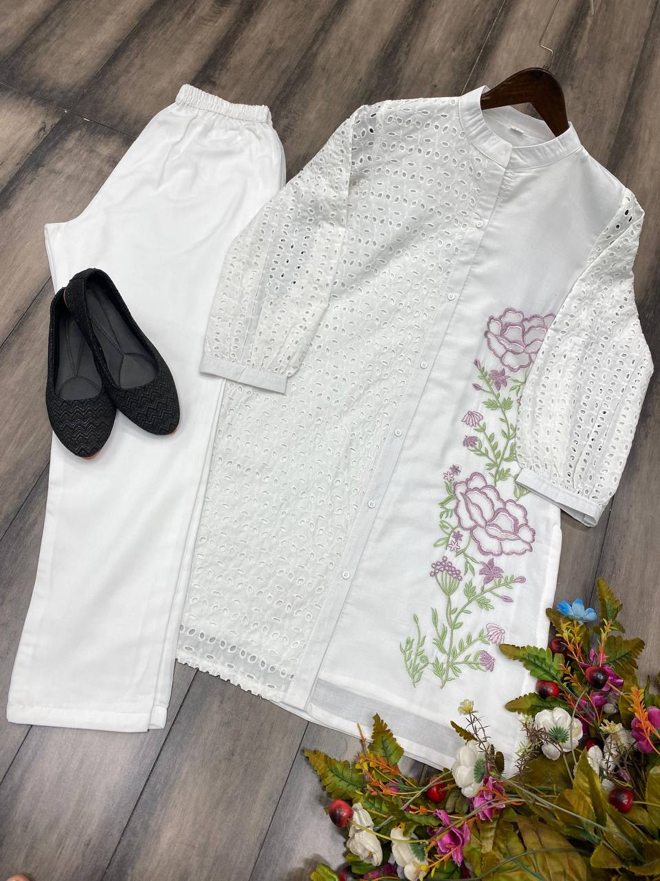 Elegant Designer Pure Cotton Embroidered Shirt with Stitched Pant