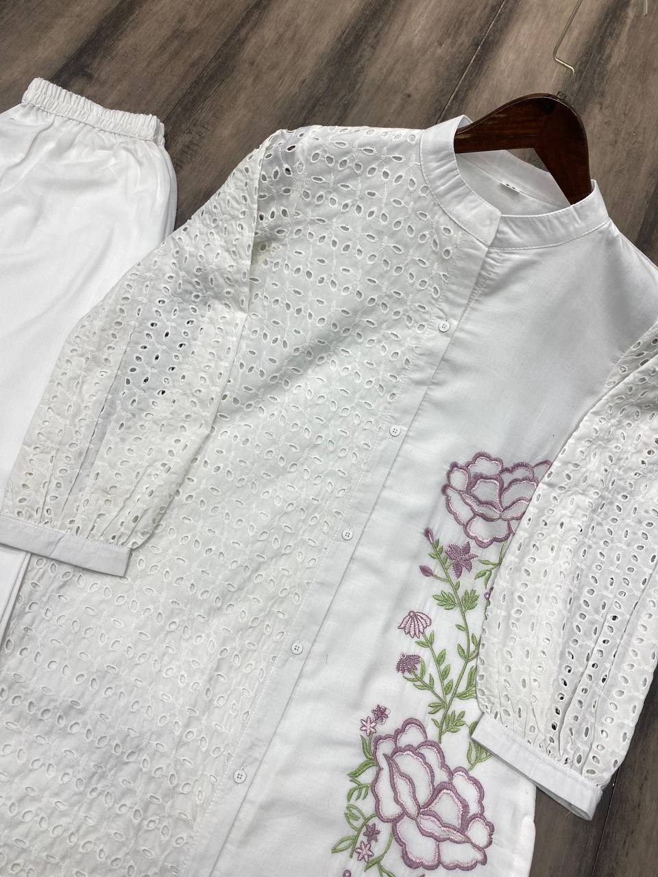 Elegant Designer Pure Cotton Embroidered Shirt with Stitched Pant